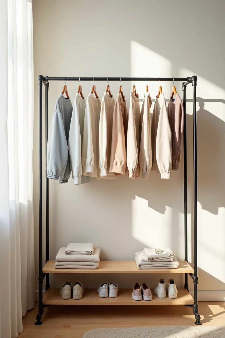 Black metal pipe frame with shoulder-height rail holding twelve garments on wooden hangers and a lower shelf with folded