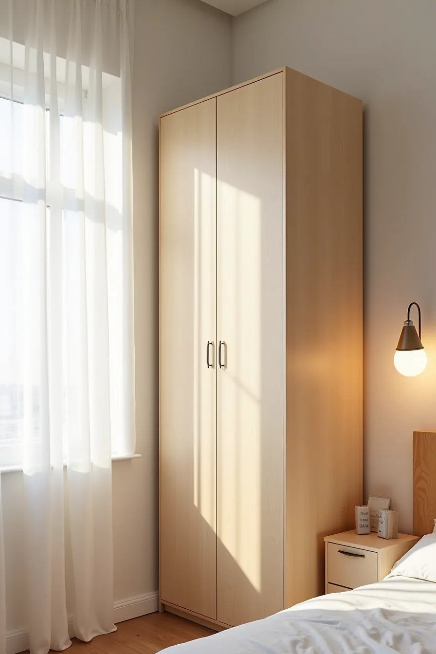 Freestanding wardrobe set away from wall showing gap, baseboard, and unfinished back panel.