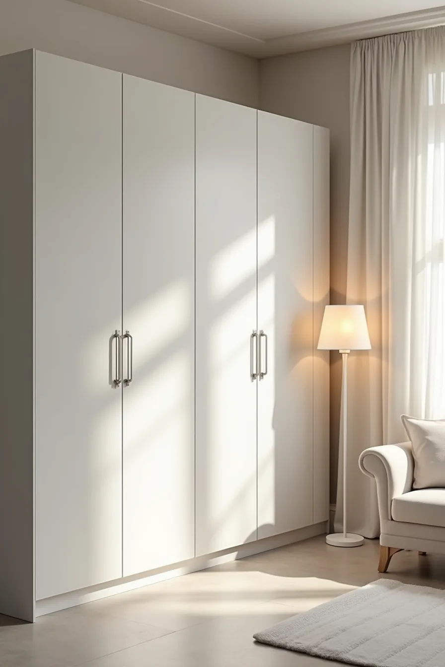 Soft grey lacquer wardrobe doors against matching warm-grey wall with polished concrete floor.