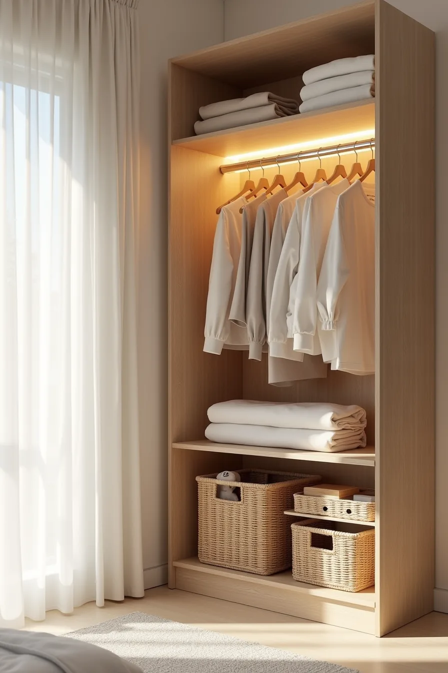 Wardrobe interior lit by LED strip with folded clothing and woven baskets on illuminated shelves.