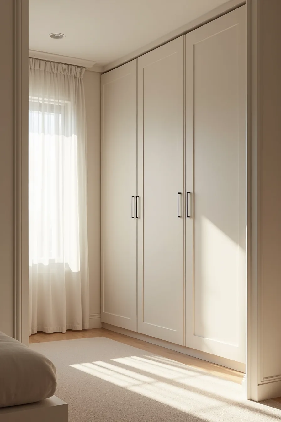 Three wardrobe styles in one bedroom—flat-pack with simple handles, semi-custom on a platform base, and built-in