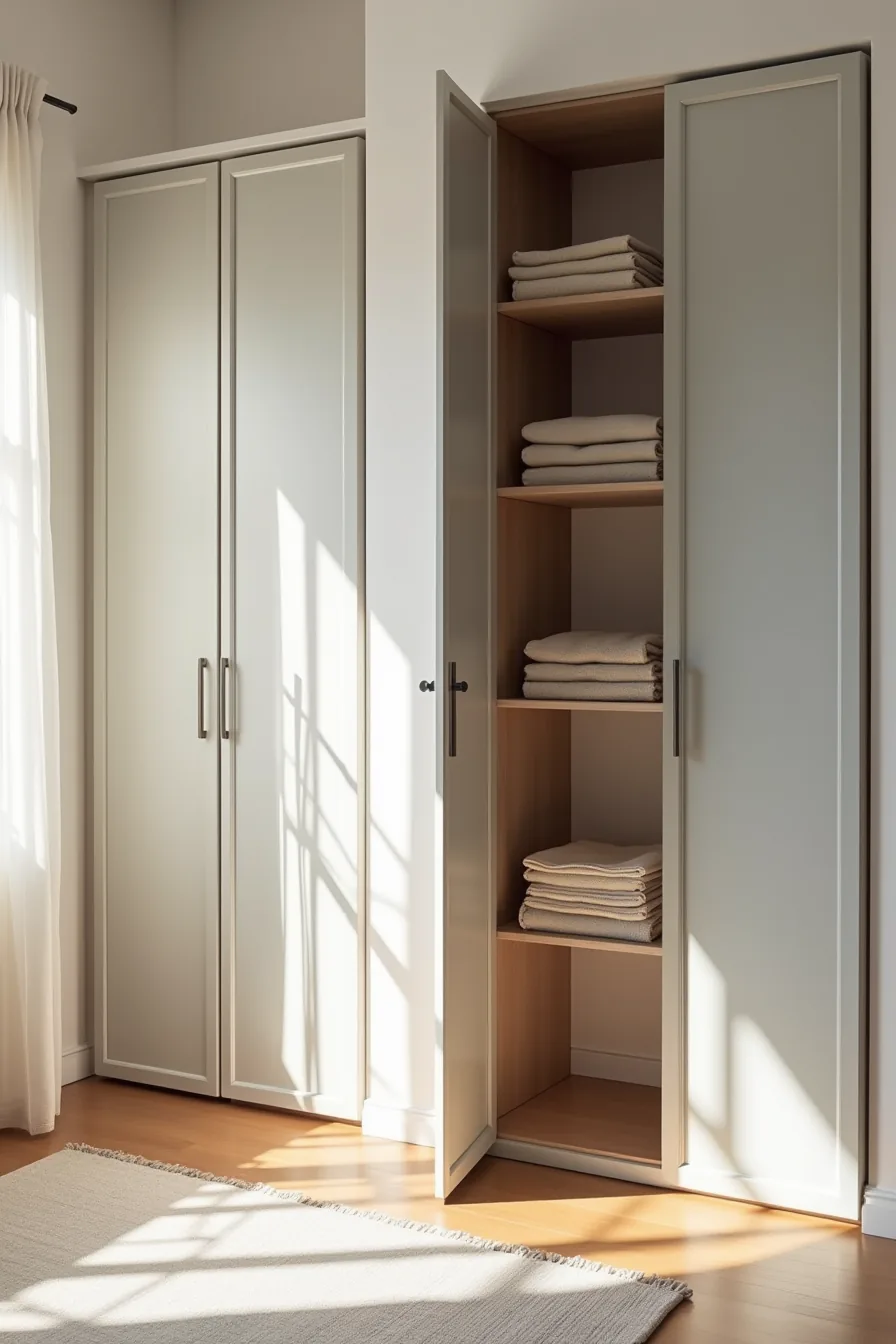 Two side-by-side wardrobes—one with frosted glass revealing folded textiles, one with solid charcoal doors—against white