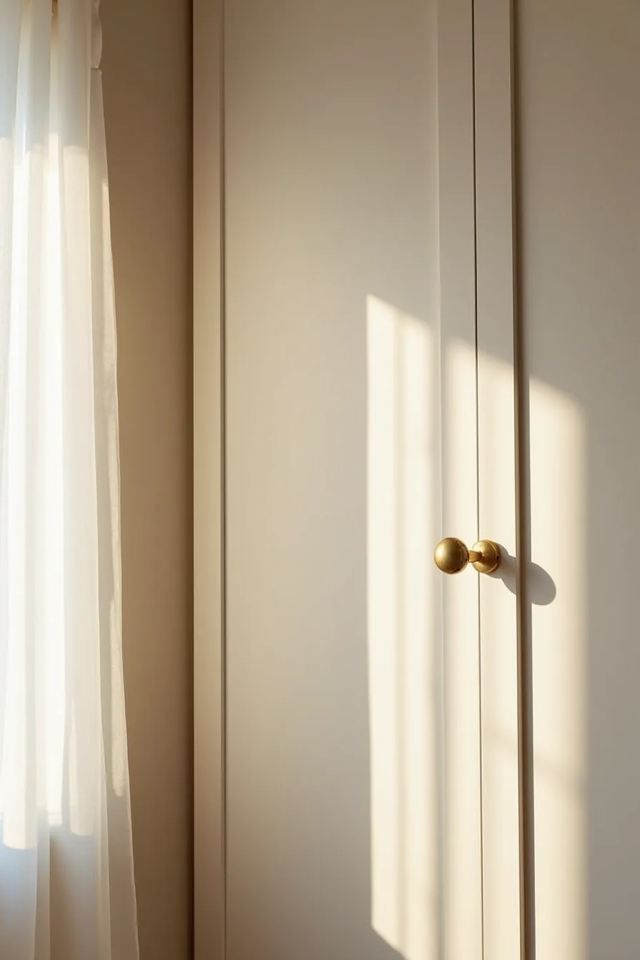 Matte greige lacquer wardrobe door with hand-brushed brass handle and visible wood grain, lit by soft natural side light.
