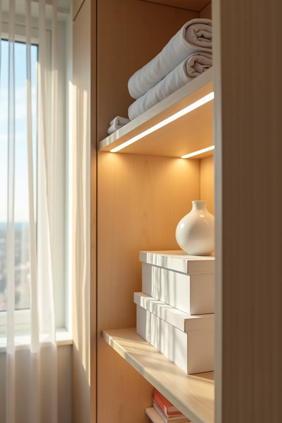 Wardrobe shelf edge lit by warm linear LED strip, displaying stacked linen boxes and a ceramic vase in dim evening light.