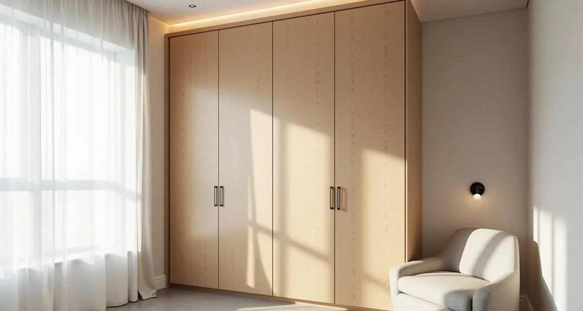 Floor-to-ceiling matte oak wardrobe with recessed top lighting, polished concrete floor, and a linen chair in a minimalist