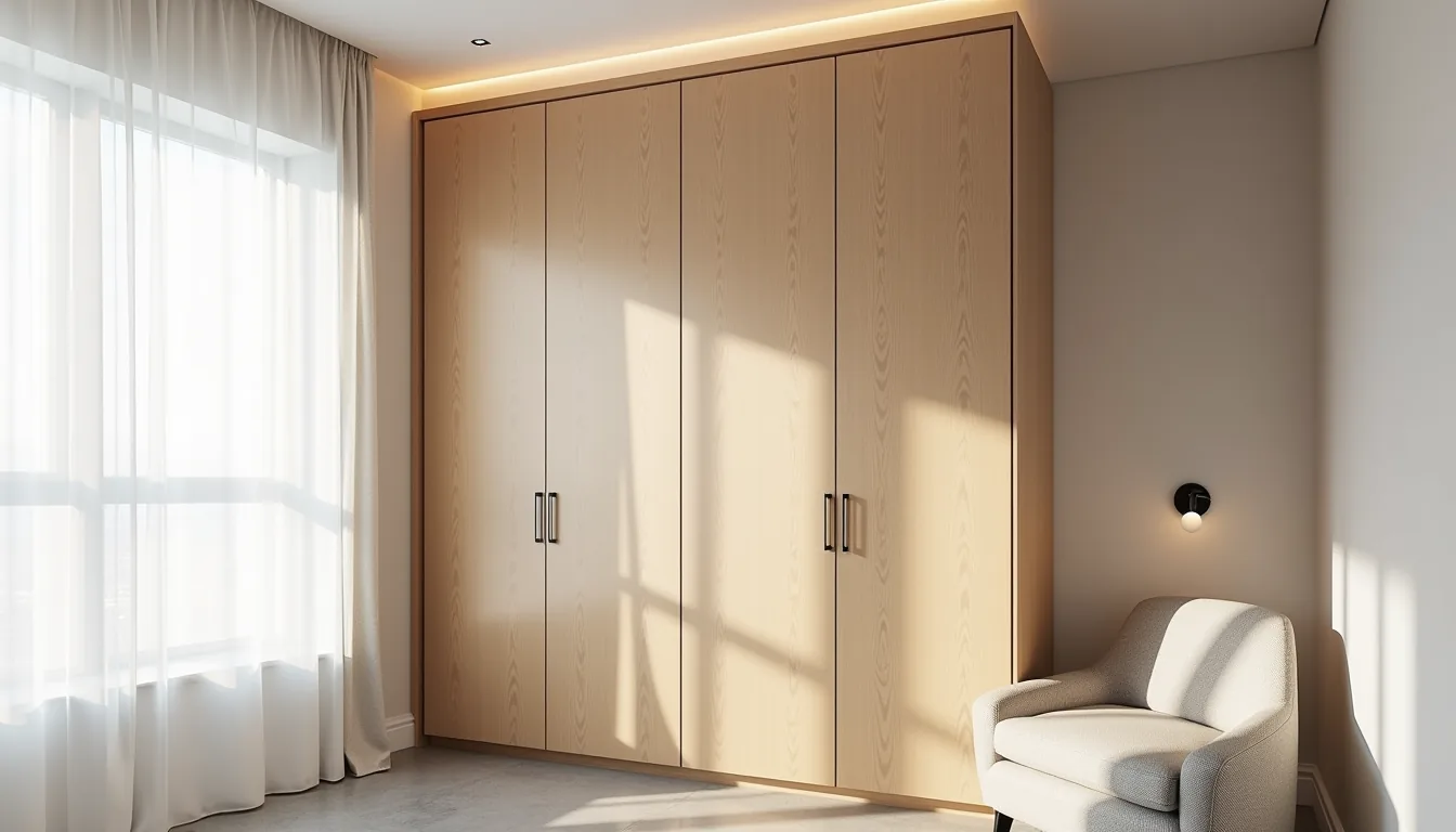 Floor-to-ceiling matte oak wardrobe with recessed top lighting, polished concrete floor, and a linen chair in a minimalist