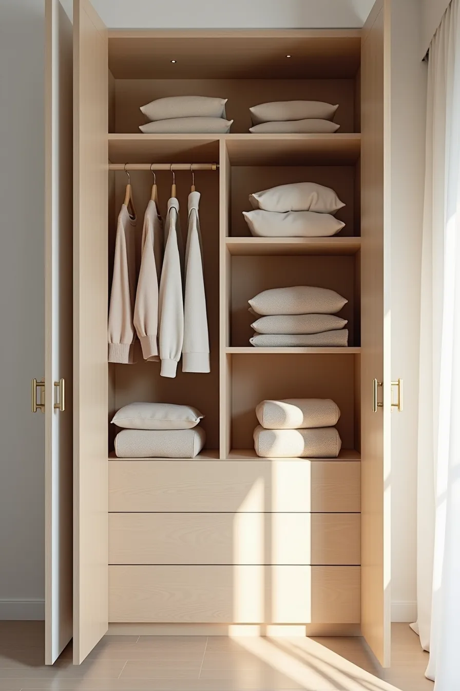 Open wardrobe interior displaying color-gradient folded sweaters, wooden dividers, and soft-close drawers in organized