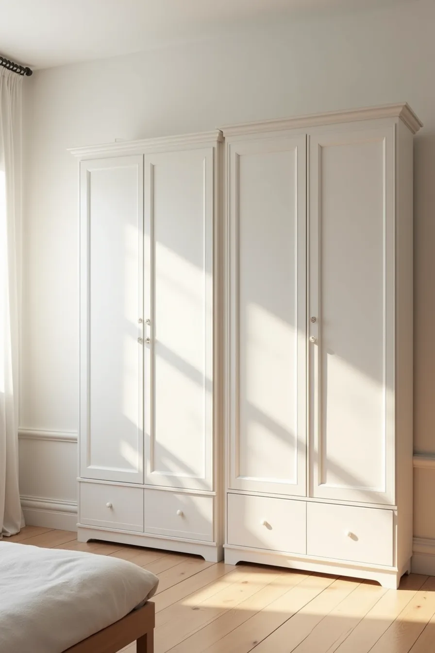 Three wardrobes in graduated sizes—36, 48, and 60 inches—lined up against a white bedroom wall.