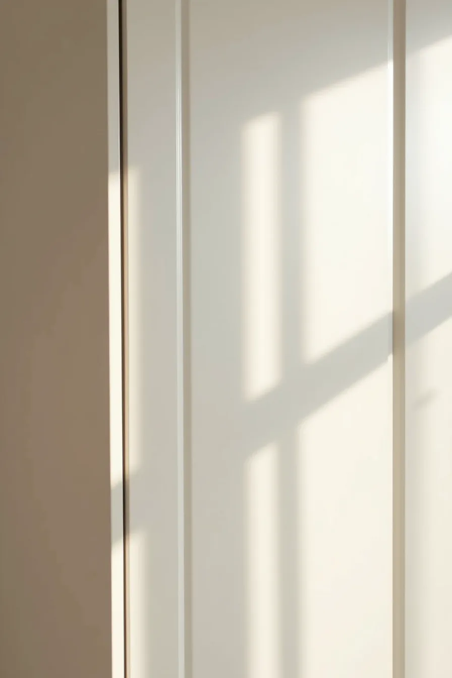 Finger pressing into recessed push-to-open indent on matte white lacquer wardrobe door.
