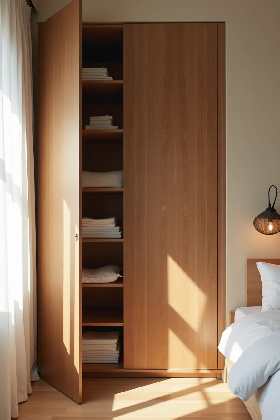 Open walnut veneer wardrobe displaying folded linens on shelves against a warm beige wall.