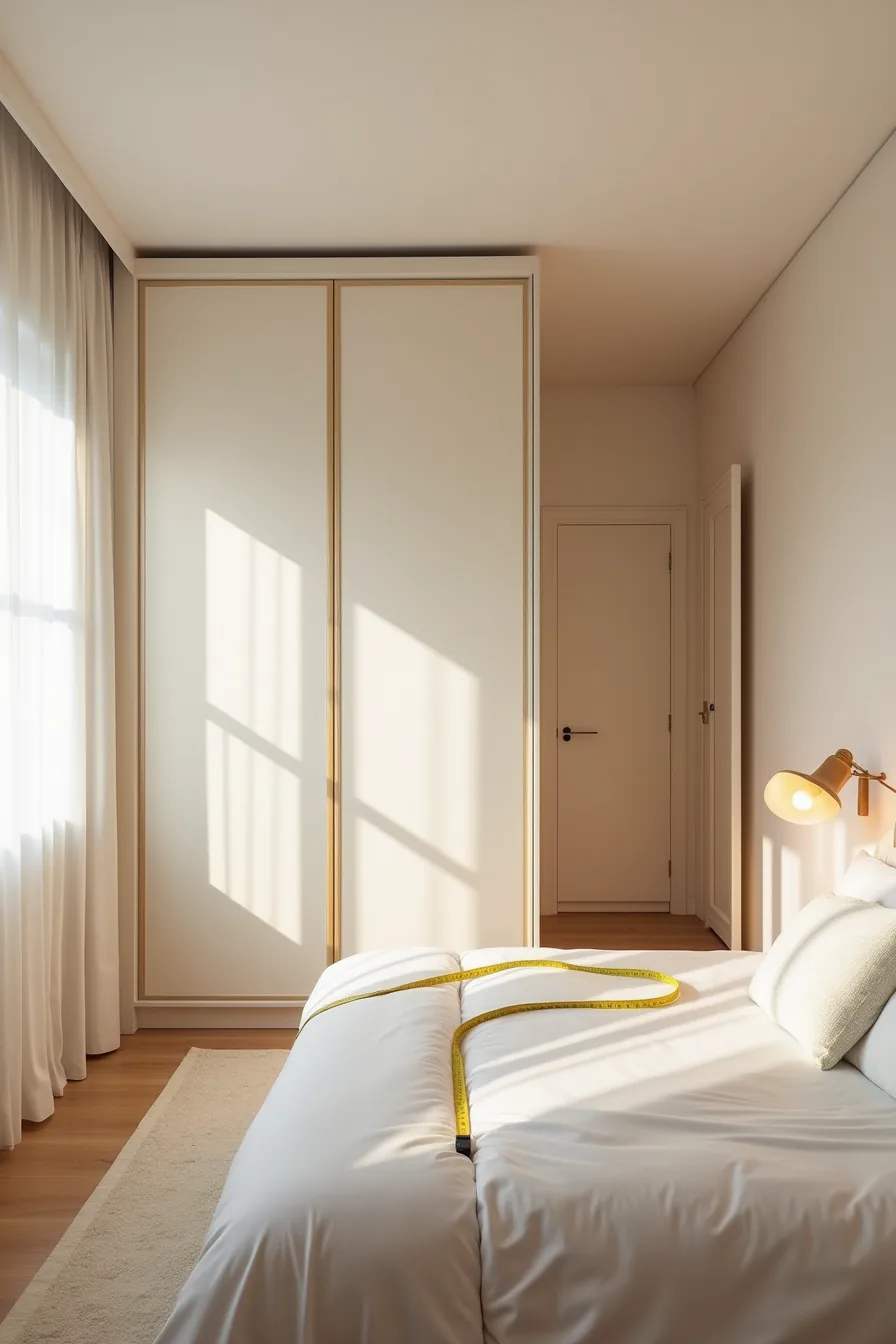Bedroom layout with wardrobe at foot of bed, measuring tape showing width, doorway and circulation path visible.
