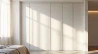 Floor-to-ceiling white wardrobe in bedroom corner with bed edge and polished concrete floor, lit by soft morning light.