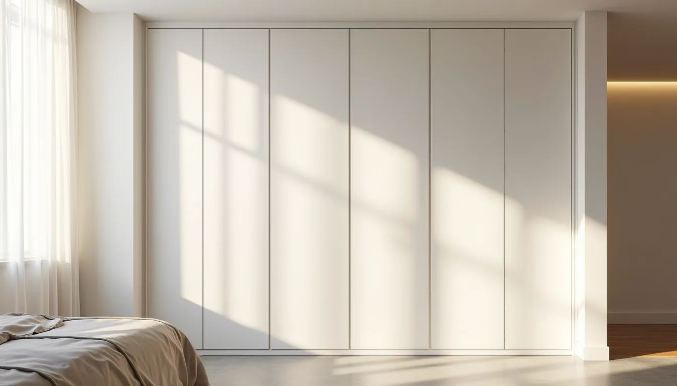 Floor-to-ceiling white wardrobe in bedroom corner with bed edge and polished concrete floor, lit by soft morning light.