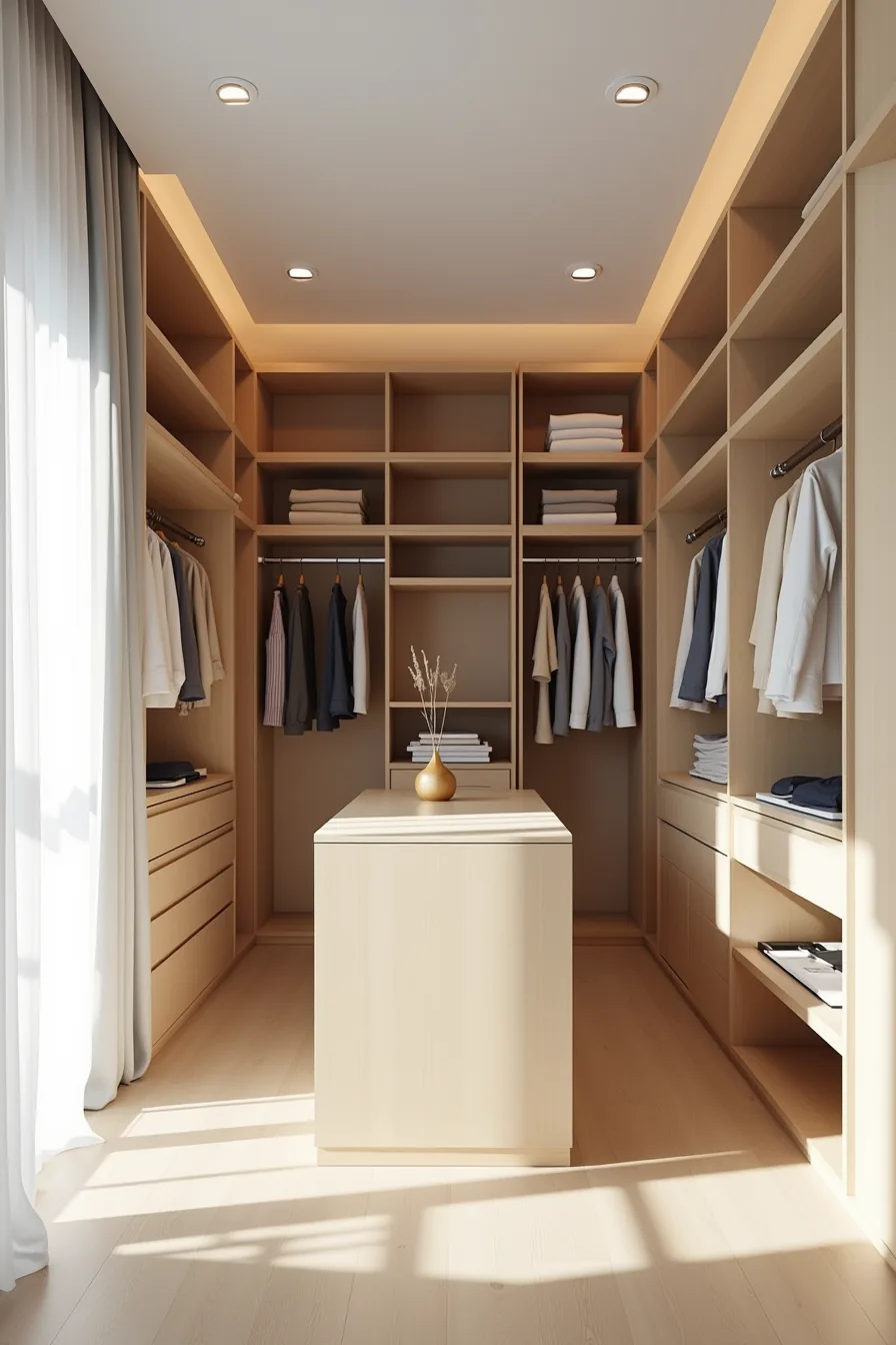 Walk-in wardrobe with hanging rails on one wall, adjustable shelving on the other, a central island with drawers, and