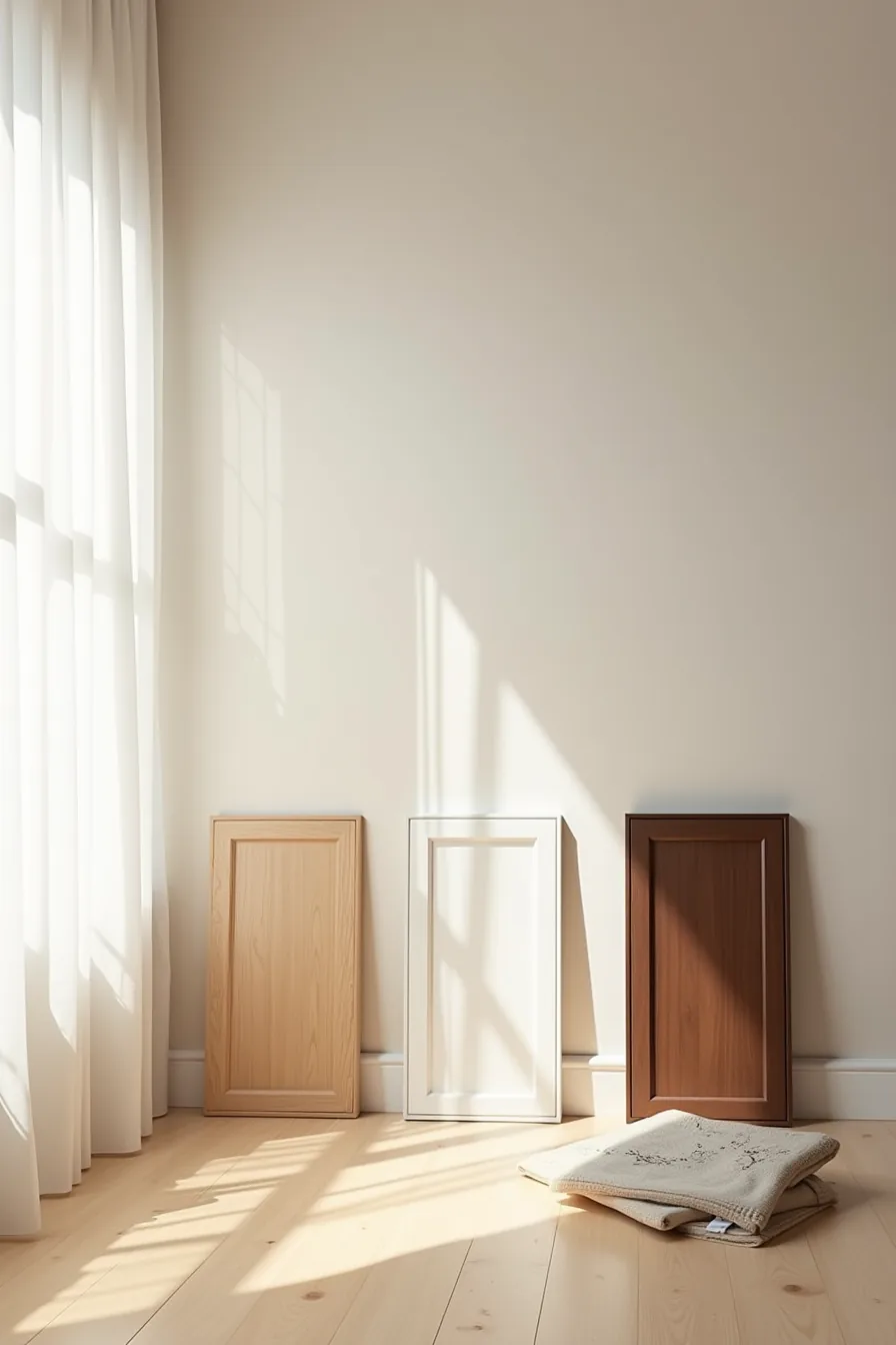 Four wardrobe door material samples in wood veneer, white laminate, walnut laminate, and metal frame with fabric swatches
