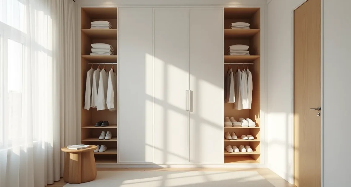 Floor-to-ceiling white lacquered wardrobe with open doors revealing shelves of folded clothes, shoes, and a stool in front.
