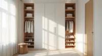 Floor-to-ceiling white lacquered wardrobe with open doors revealing shelves of folded clothes, shoes, and a stool in front.