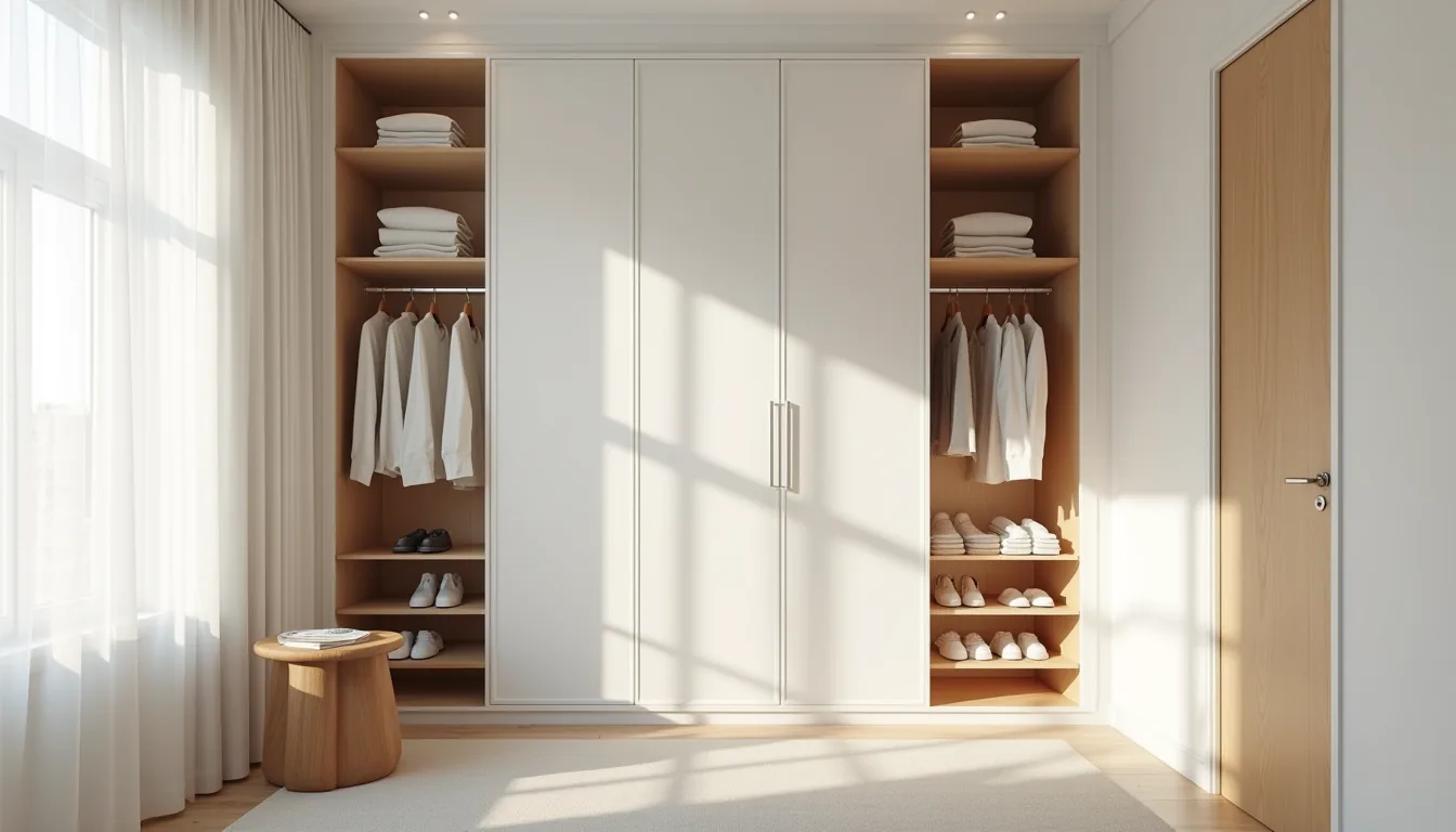 Floor-to-ceiling white lacquered wardrobe with open doors revealing shelves of folded clothes, shoes, and a stool in front.