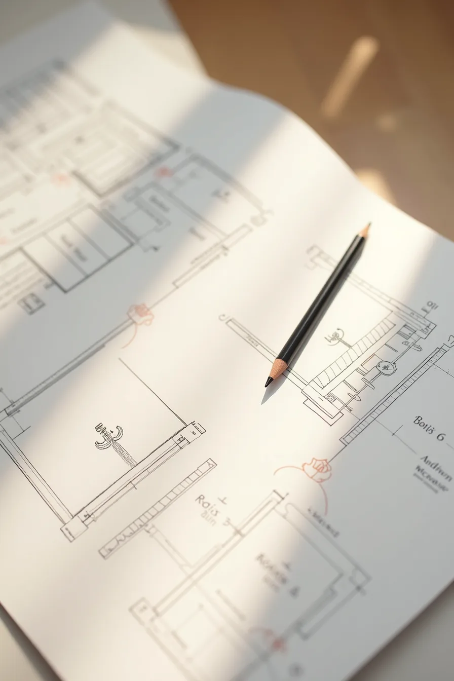 Floor plan diagram comparing hinged door swing radius and sliding track mechanism with compass and ruler markings.