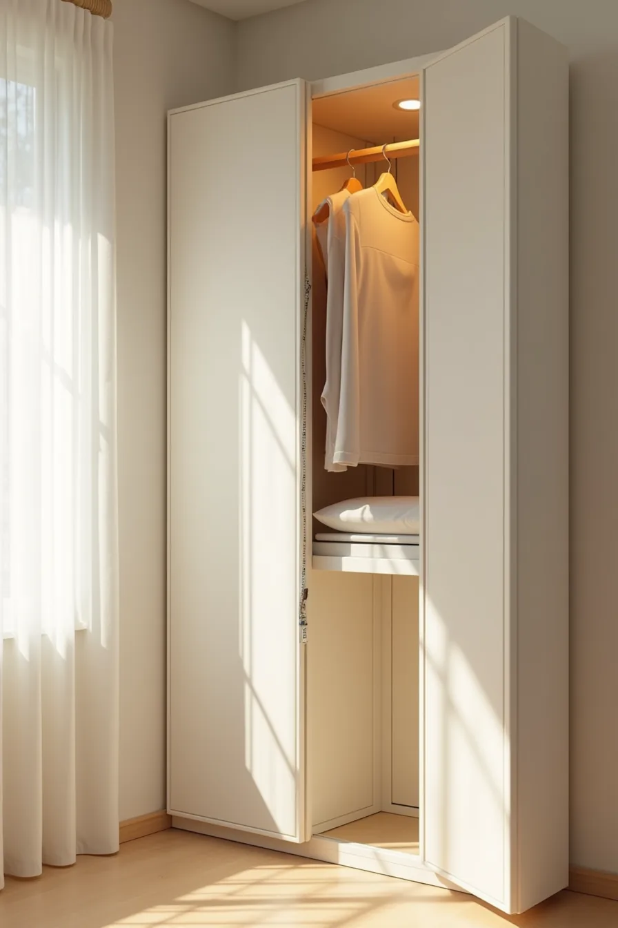 Open wardrobe interior with upper and lower hanging rods, hangers, and vertical measuring tape.