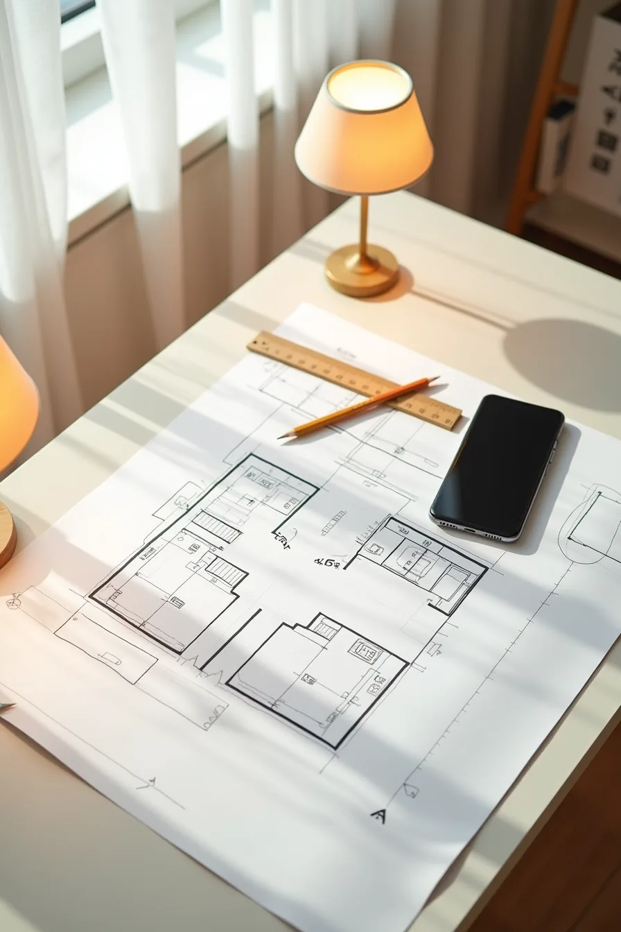 Graph paper floor plan with ruler, compass, colored pencils, and smartphone measurement app showing room layout.
