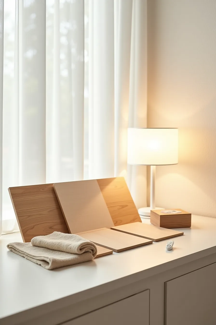 Laminate, wood veneer, and solid wood samples with microfiber cloth, brush, and moisture meter for material comparison.