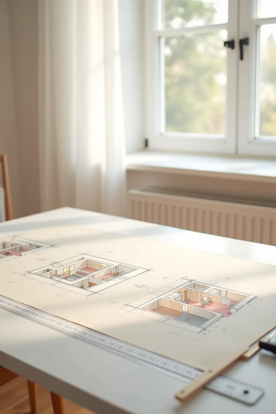 Three architectural cross-section drawings of different room sizes with wardrobe placement and drafting tools.