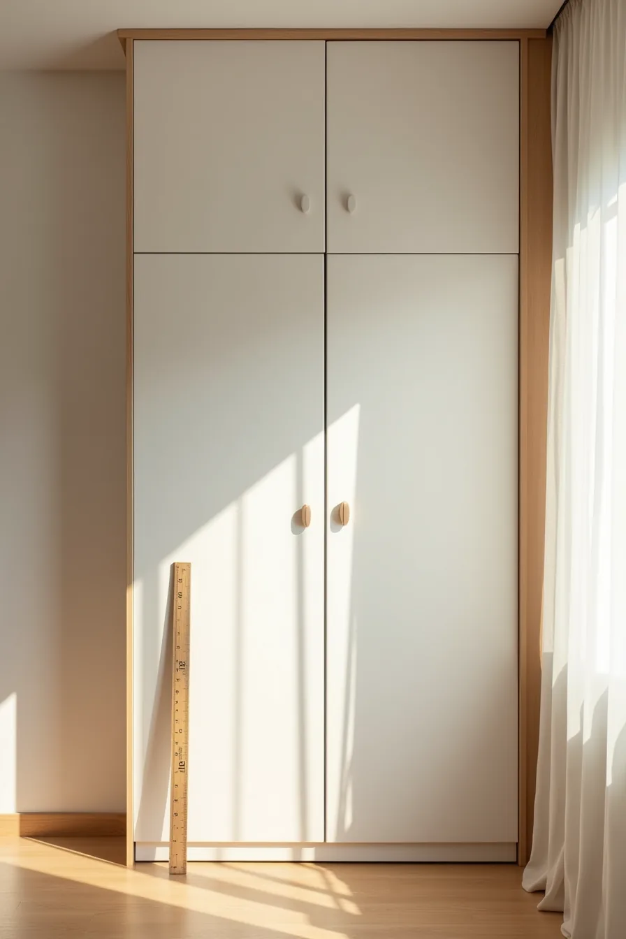 Shallow and deep wardrobe cabinets positioned side by side with measuring ruler demonstrating depth difference.