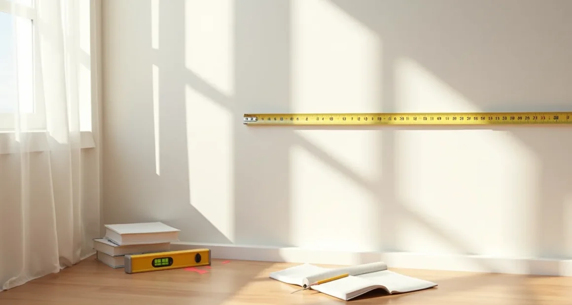 Tape measure, pencil mark, laser level, and notepad showing wall measurement setup.