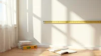 Tape measure, pencil mark, laser level, and notepad showing wall measurement setup.