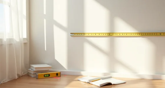 Tape measure, pencil mark, laser level, and notepad showing wall measurement setup.