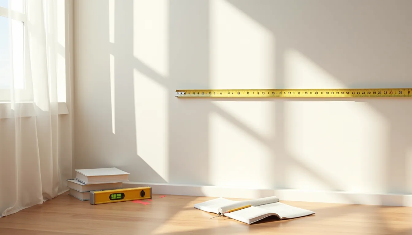 Tape measure, pencil mark, laser level, and notepad showing wall measurement setup.