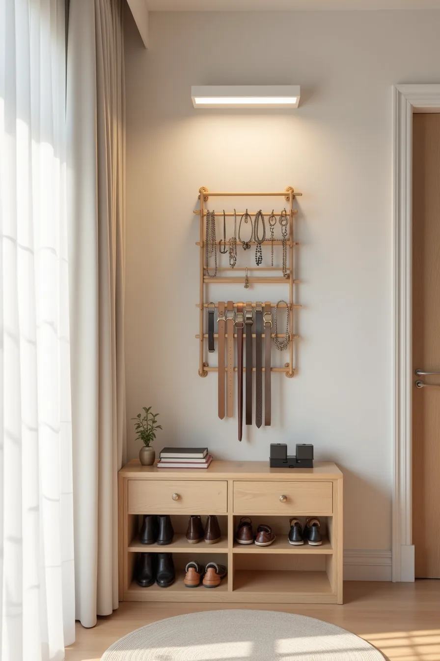 Wall-mounted jewelry organizer, belt rack with rolled belts, and shoe cubbies lit by warm LED strip light.