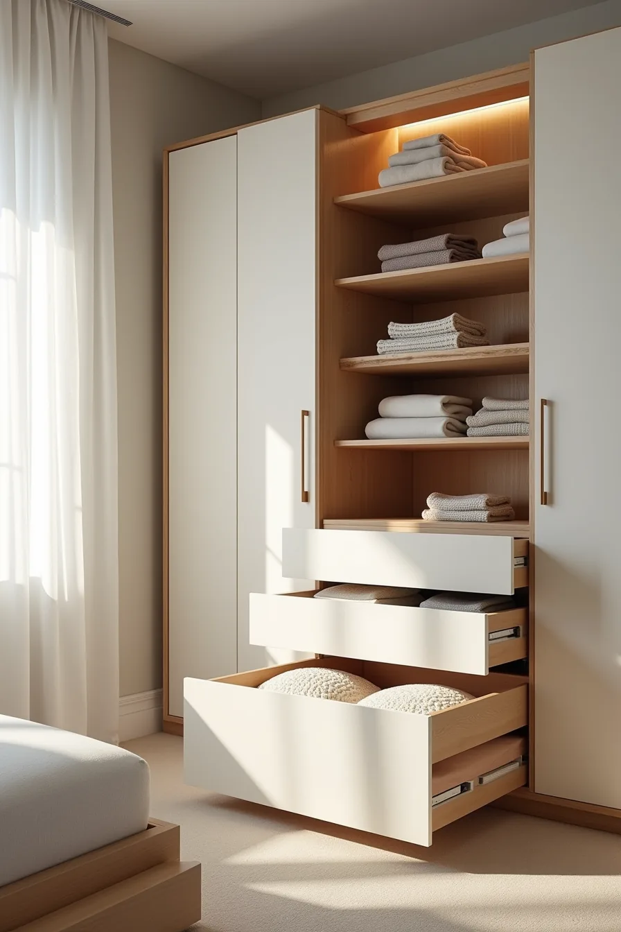 Four stacked drawers on left with one open showing knitwear, three open shelves on right with stacked sweaters.