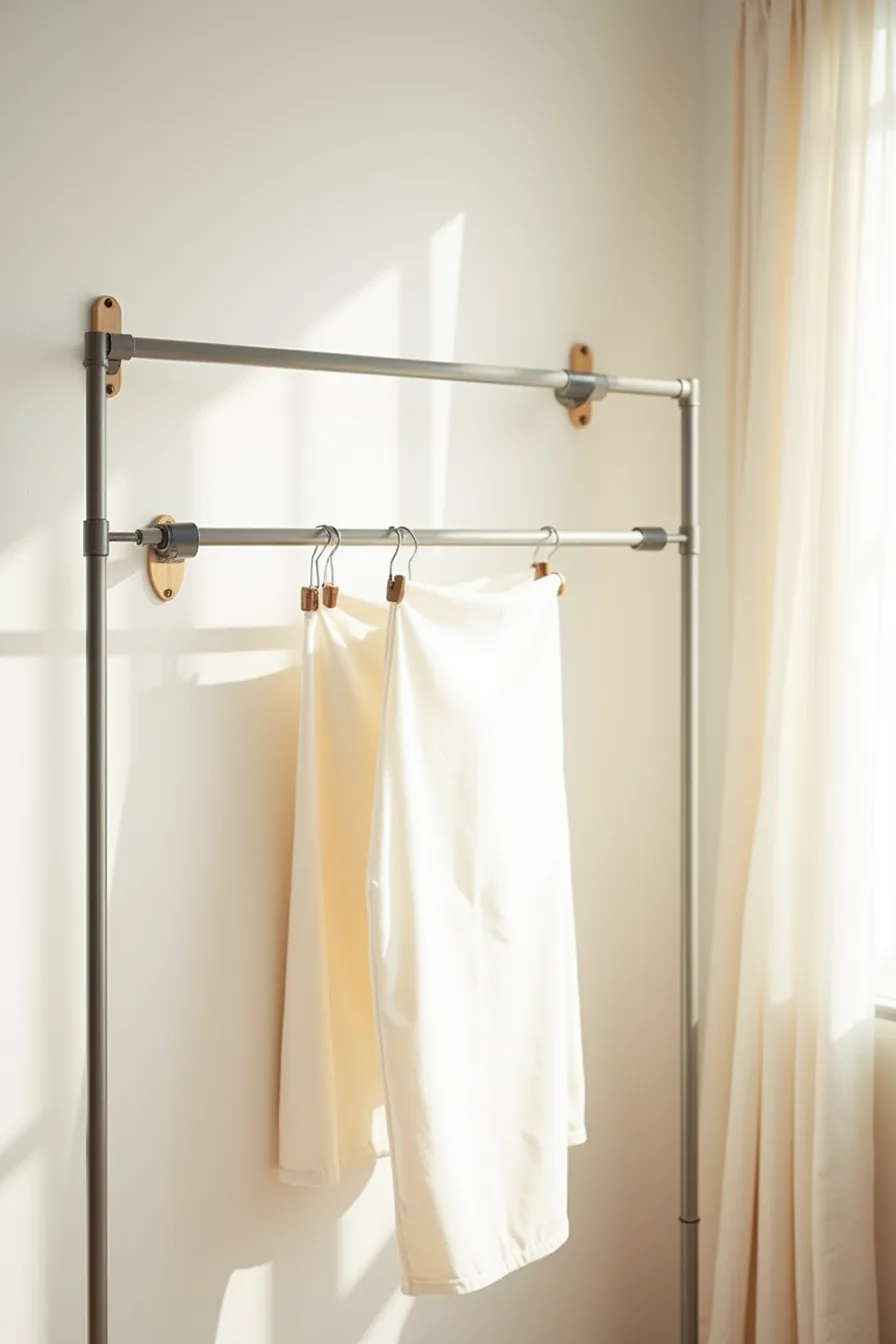 Two metal rods at different heights mounted to wall studs with wooden spacers and fabric weight test.