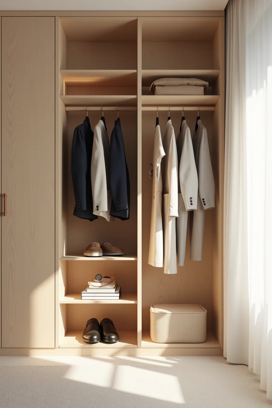 Wardrobe split by center divider with men's jackets on left, women's dresses on right, separate shelves below.
