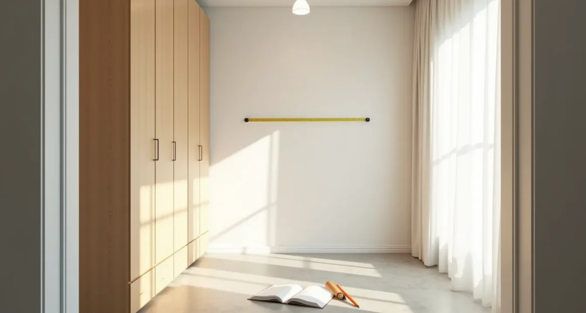 Empty wardrobe with measuring tape stretched across back wall, pencil and notepad on the floor.