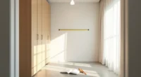 Empty wardrobe with measuring tape stretched across back wall, pencil and notepad on the floor.