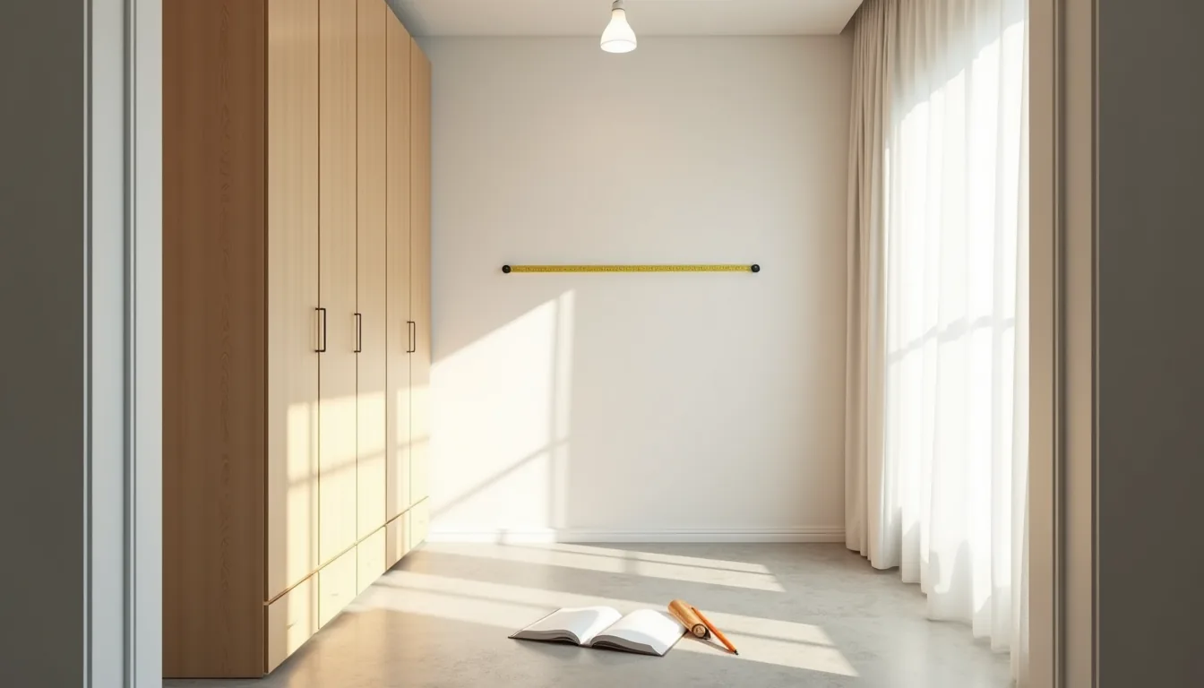 Empty wardrobe with measuring tape stretched across back wall, pencil and notepad on the floor.