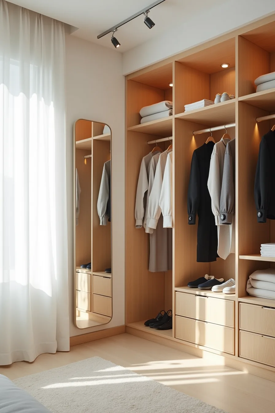 Full-length mirror with color-coded hangers organizing casual, work, and evening wear under track lighting.