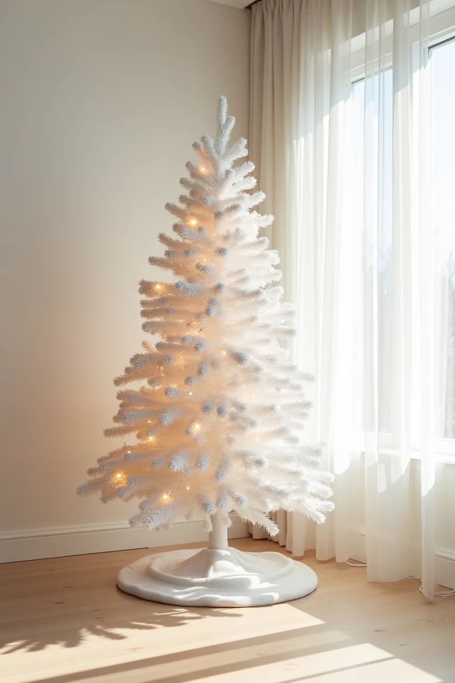 A tall flocked white tree with LED lights is surrounded by white garland swags draped at its base in a studio setting.