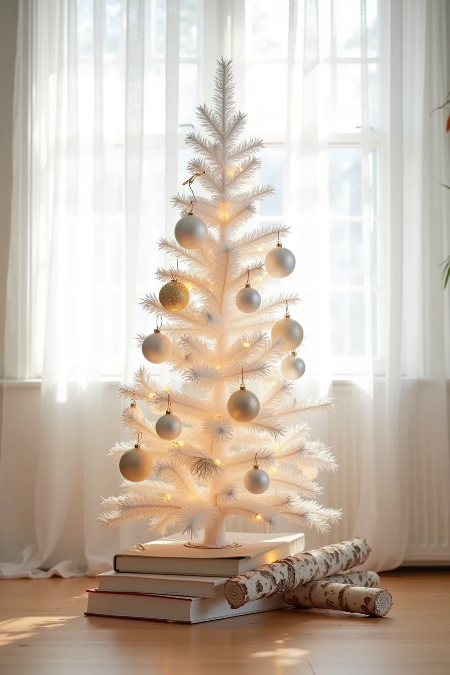 A white Christmas tree decorated with gold ornaments and copper wire has birch logs and wood bead garland at its base.