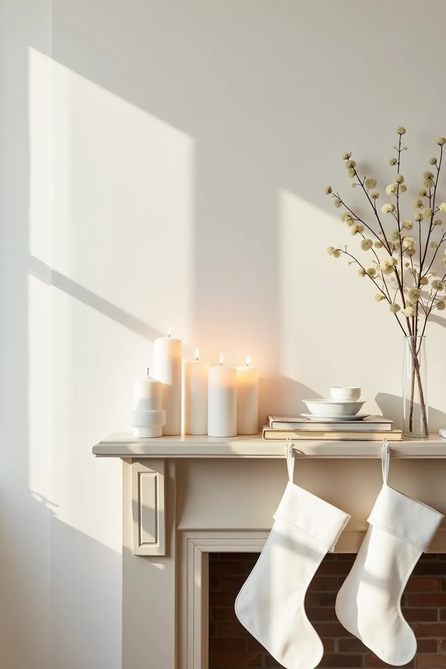 A fireplace mantel displays white pillar candles, a ceramic vessel, and eucalyptus branch, with white stockings hung below.