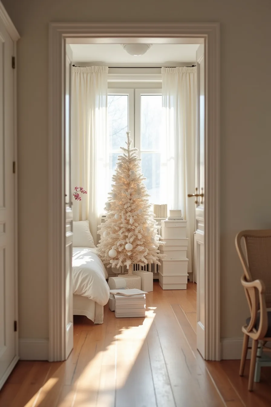 An oversized Christmas tree with excess garland and layered lights fills a small bedroom alongside stacked white boxes.