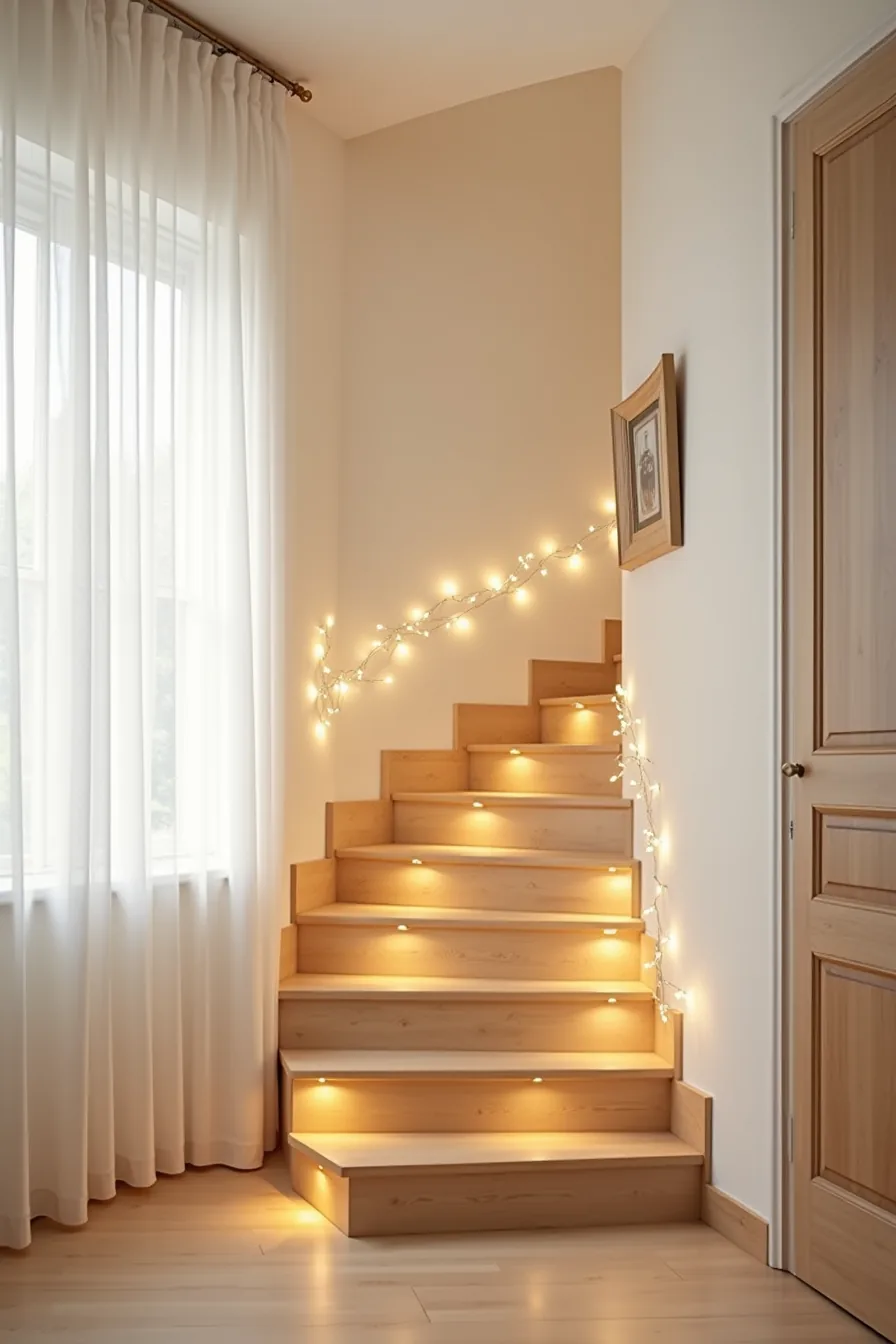 Cool-white and warm-white lights wrap around a staircase banister and wall with recessed ceiling lights overhead.