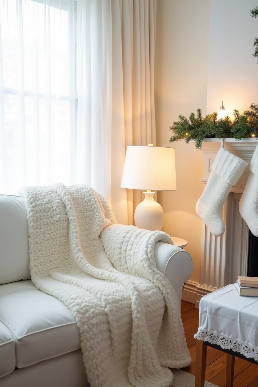 Four white textiles are arranged throughout a room: a faux fur tree skirt, knit throw, knit stockings, and linen table
