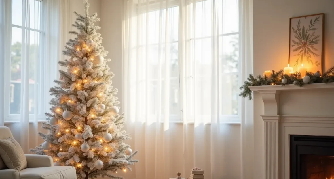 A full Christmas tree with white ornaments and lights stands in a living room corner next to a fireplace.