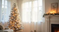 A full Christmas tree with white ornaments and lights stands in a living room corner next to a fireplace.