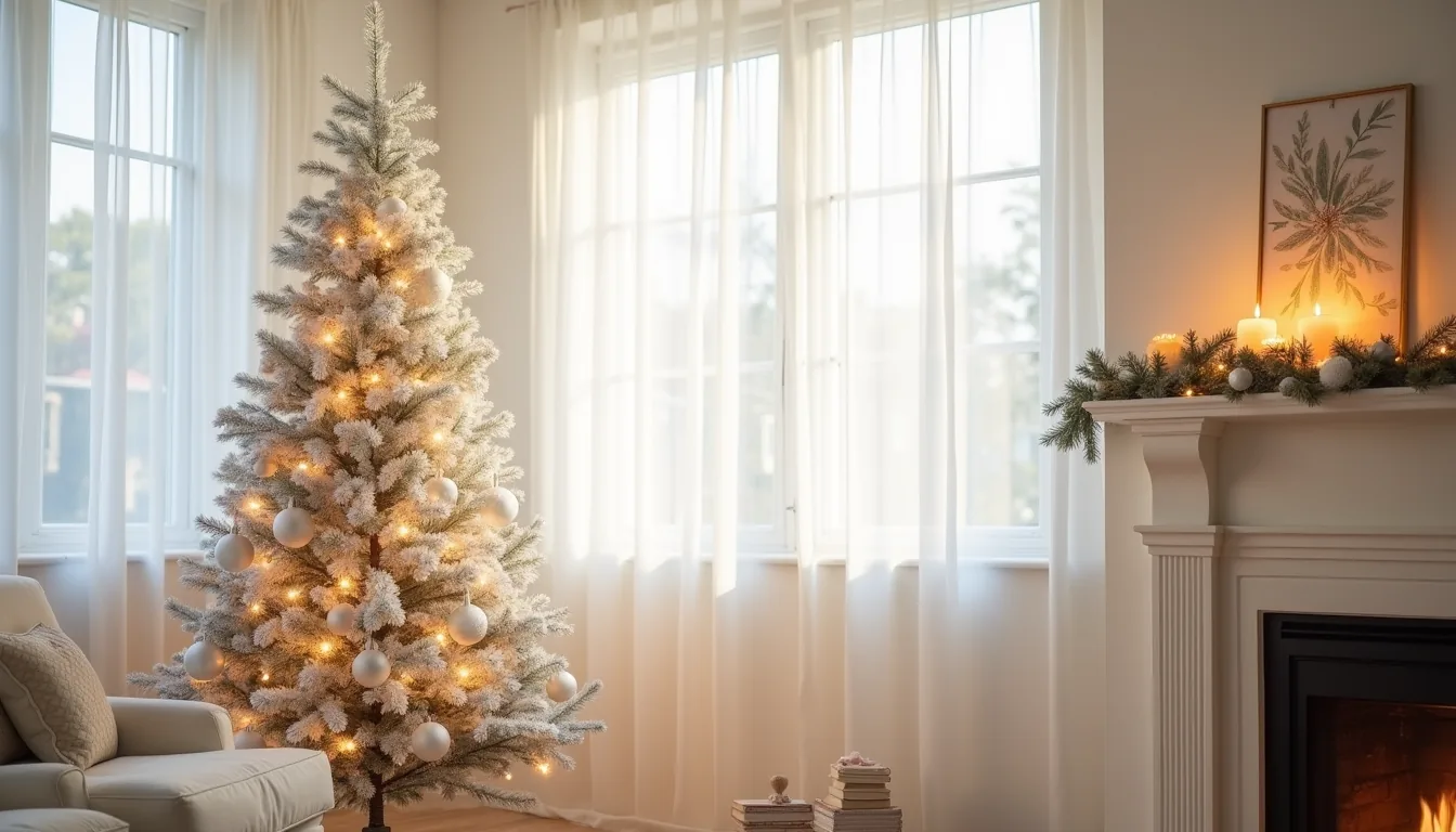 A full Christmas tree with white ornaments and lights stands in a living room corner next to a fireplace.