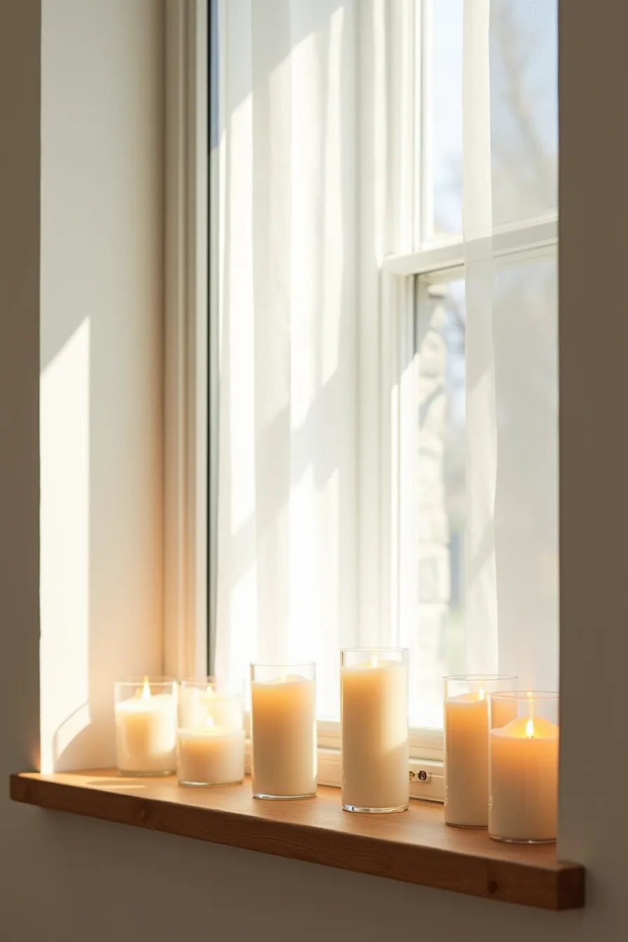 Battery-operated candles in glass holders of varying heights arranged on a window sill with warm amber LED light.